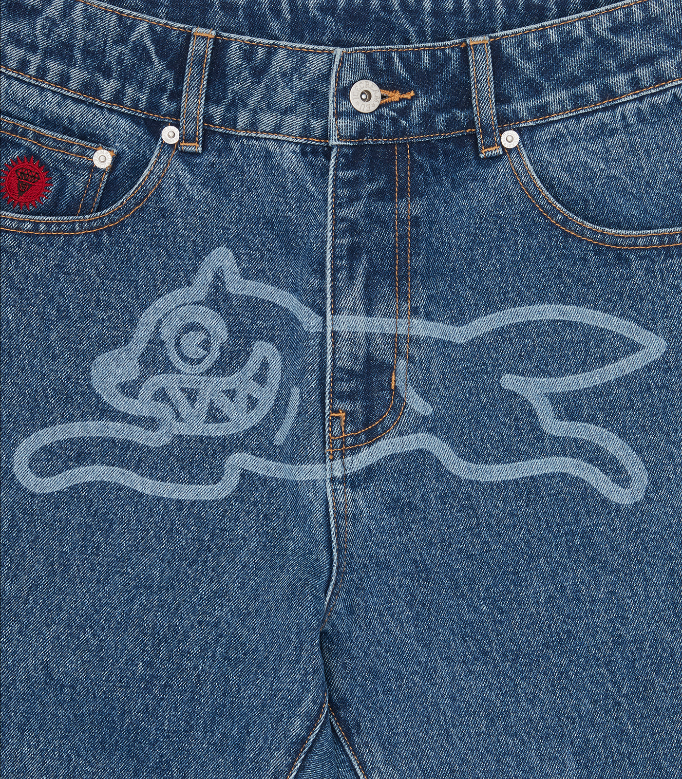 ICECREAM FALL '24 Running Dog Lazer Drip Denim Pants - Mid Wash Blue