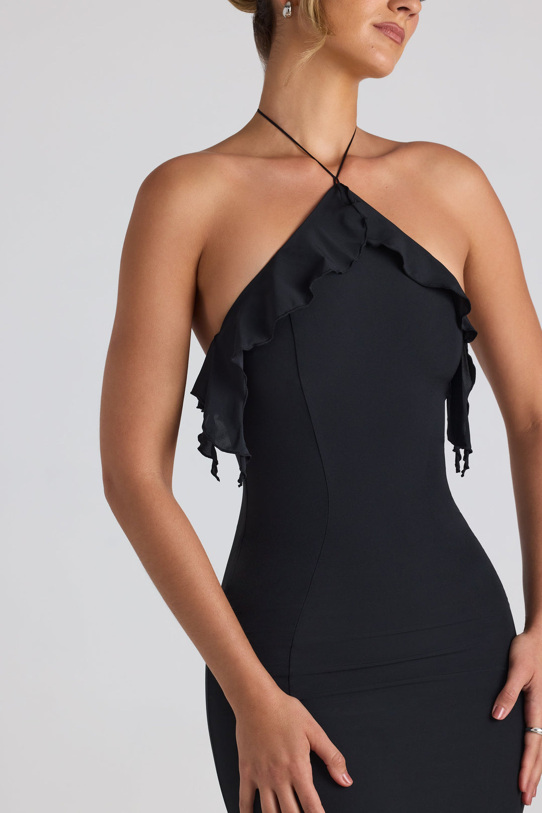 MIREYA Ruffle-Trim Halterneck Gown in Black