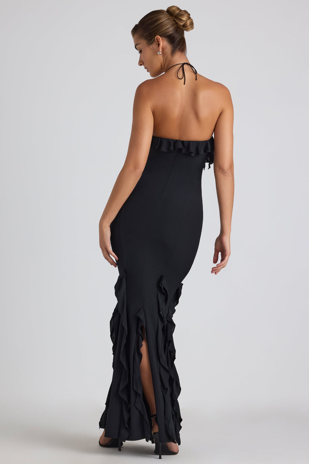 MIREYA Ruffle-Trim Halterneck Gown in Black