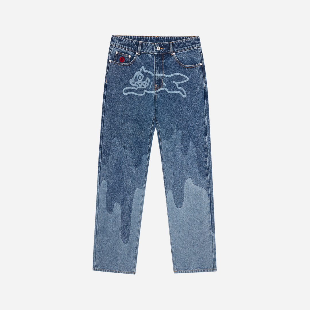 ICECREAM FALL '24 Running Dog Lazer Drip Denim Pants - Mid Wash Blue