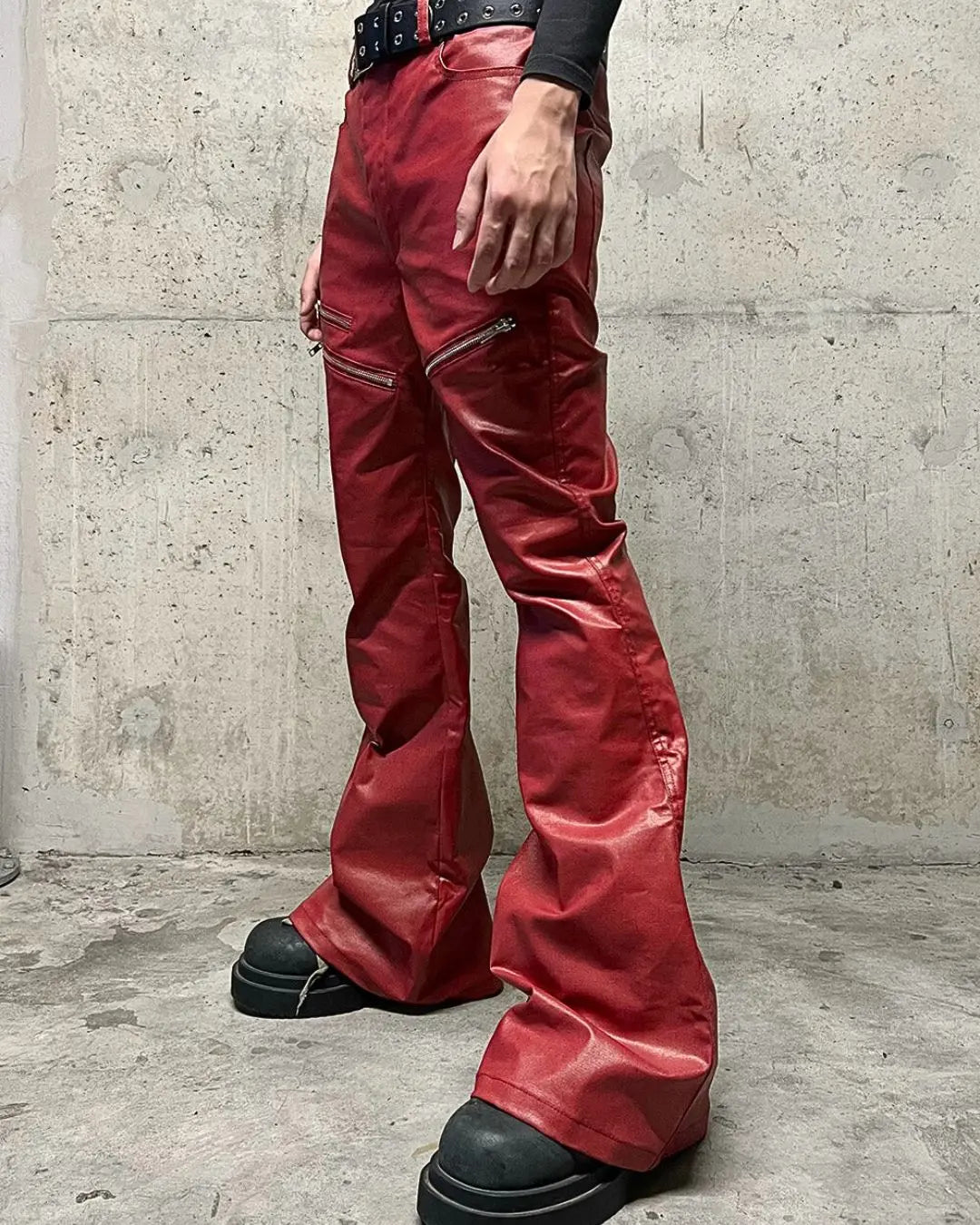 Rebel Wave丨Liquid Metal Red Coated Waxed Flared Jeans urbanluxeclo