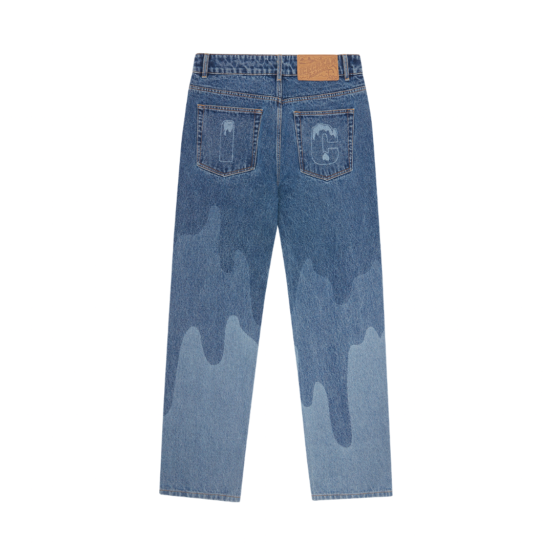 ICECREAM FALL '24 Running Dog Lazer Drip Denim Pants - Mid Wash Blue