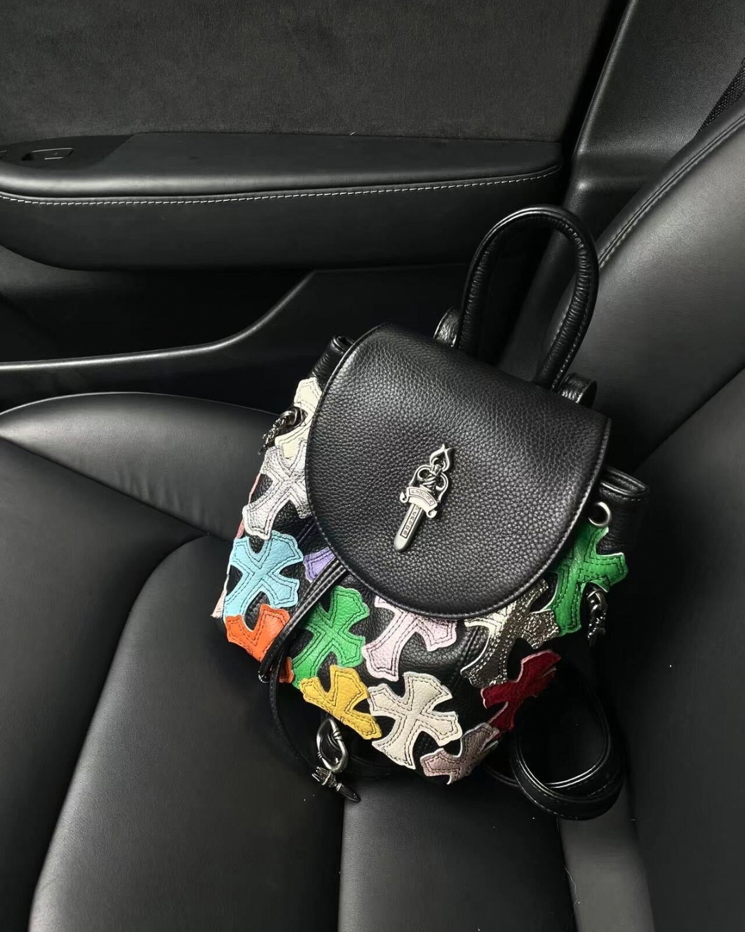 Chrome Hearts Black Multicolor Cross Patch Leather Backpack.