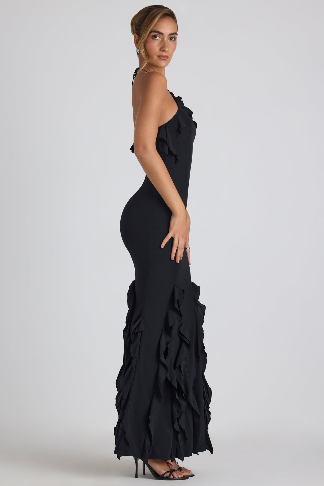 MIREYA Ruffle-Trim Halterneck Gown in Black