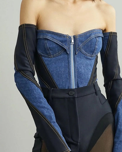 MUGLER Blue Paneled Bodysuit urbanluxeclo