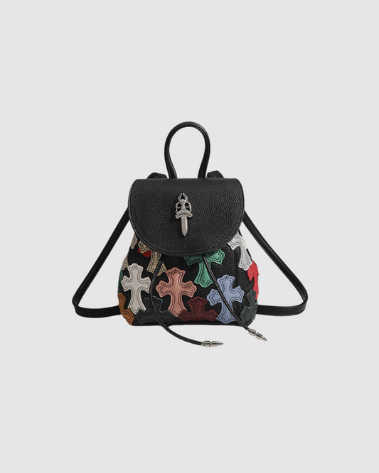 Chrome Hearts Black Multicolor Cross Patch Leather Backpack.
