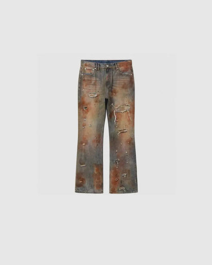 Regen Zone Heavy Distressed Blood Wash Flared Jeans urbanluxeclo
