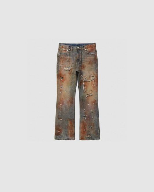 Regen Zone Heavy Distressed Blood Wash Flared Jeans
