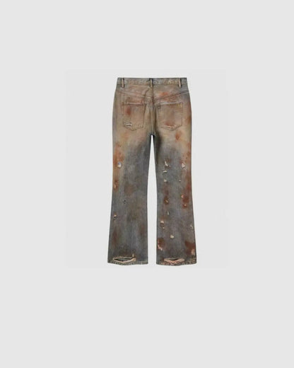Regen Zone Heavy Distressed Blood Wash Flared Jeans urbanluxeclo