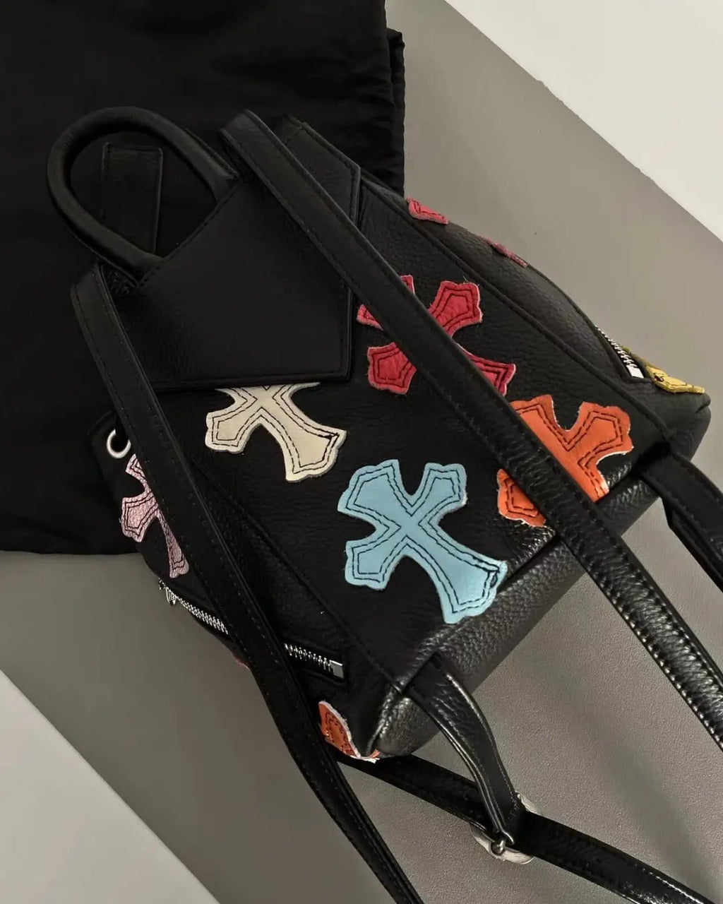 Chrome Hearts Black Multicolor Cross Patch Leather Backpack. urbanluxeclo