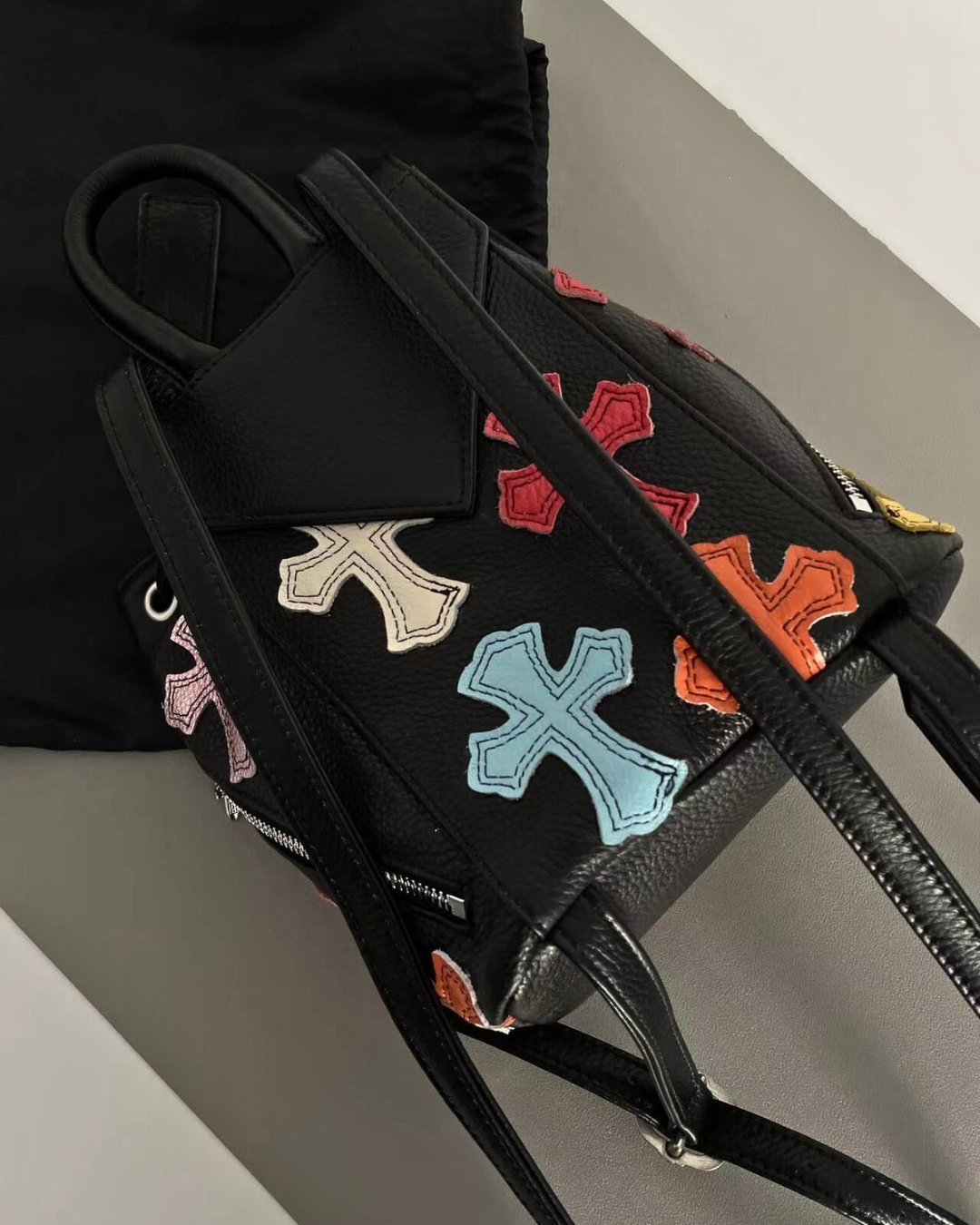 Chrome Hearts Black Multicolor Cross Patch Leather Backpack.