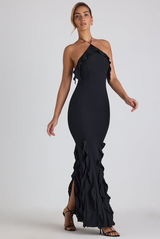 MIREYA Ruffle-Trim Halterneck Gown in Black