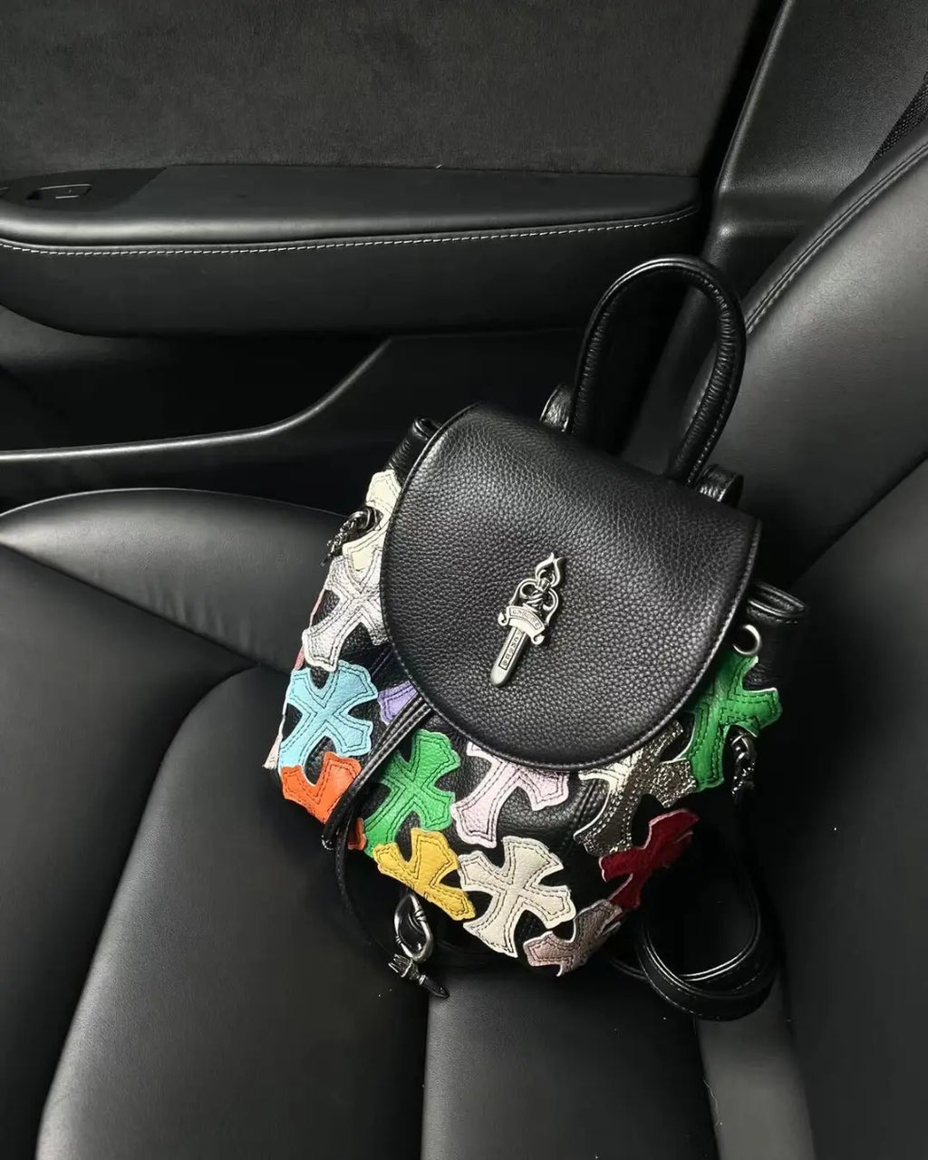 Chrome Hearts Black Multicolor Cross Patch Leather Backpack. urbanluxeclo