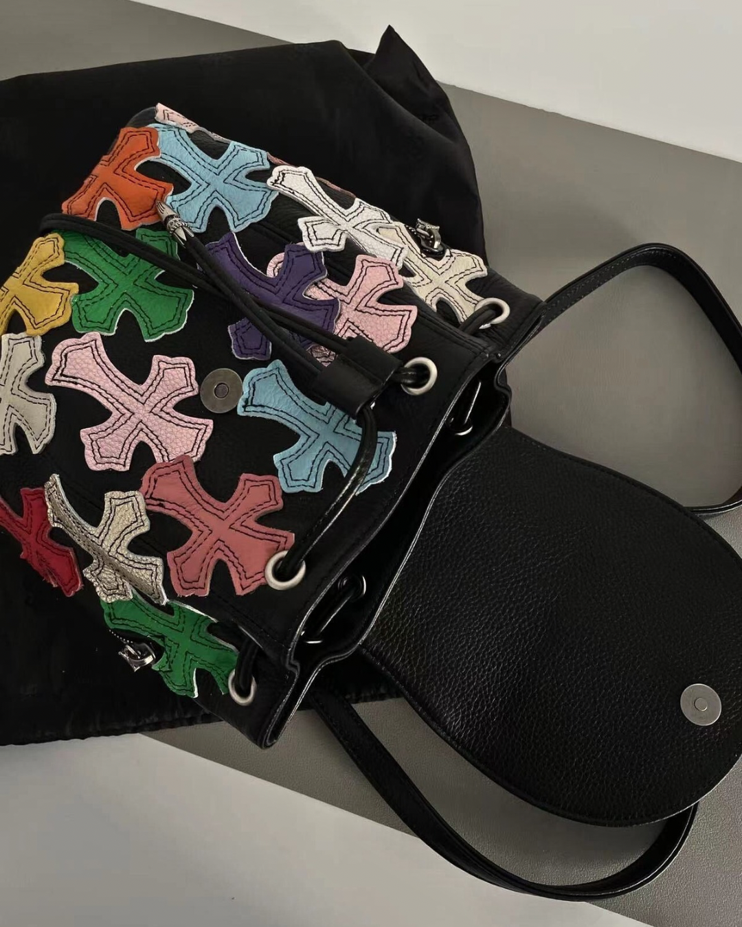 Chrome Hearts Black Multicolor Cross Patch Leather Backpack.
