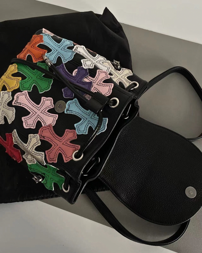 Chrome Hearts Black Multicolor Cross Patch Leather Backpack.